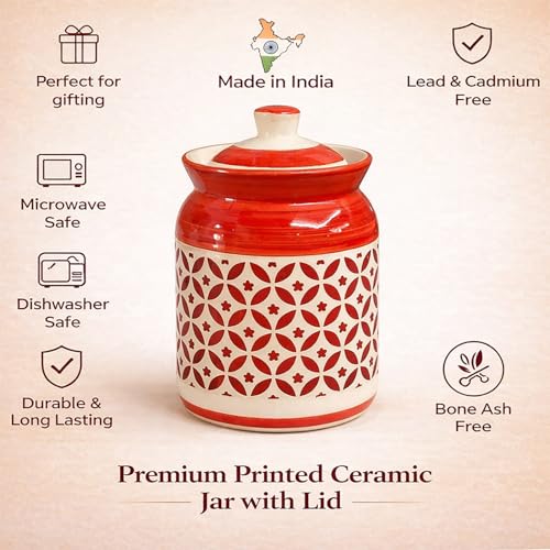 Image of D'Maiolica Pickle Jars in 1000ml (set of 2) | Handpainted Floral Pattern 1 kg Achaar Martban | Ceramic Container Set for Kitchen Storage (Pack of 2) (Crafted Geomatric Pattern)