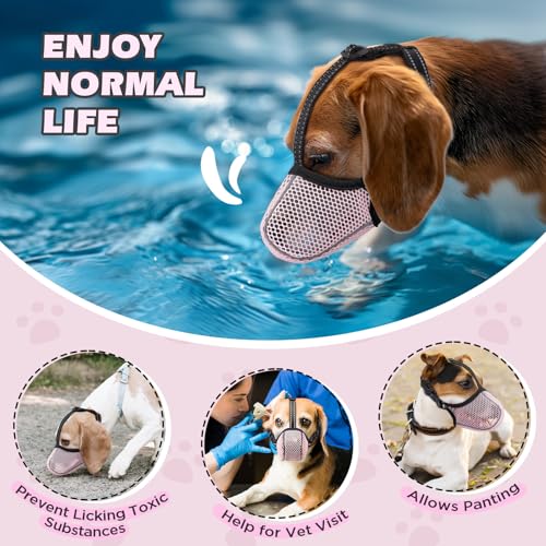 Image of Dog Muzzle,Mesh Soft Muzzle for Small Medium Large Sized Dogs, Breathable Reflective Adjustable Puppy Muzzles with Collar for Scavenging Grooming Biting Chewing,Allows Panting and Drinking(Pink L)