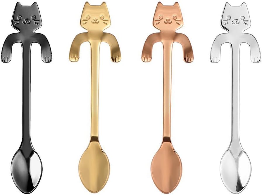 AYOMI 4PCS Stainless Steel Cat Kitten Design Stainless Steel Coffee/Dessert/Drink/Mixing/Milkshake Spoon Tableware Flatware Gadgets Scoop Ladle Spoons