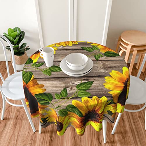 Hhp Fall Table Cloth Round 60 Inch Autumn Sunflower Tablecloth For Round Tables On Rustic Wood Grain Tablecloth Waterproof Washable Round Table Cover Protector For Dining Room Kitchen Outdoor Intdoor #TOP5