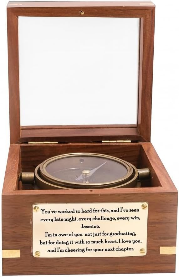 Antique Brass Gimbal Compass with Wooden Box – Personalized Engraved Compass Gift for Men – Custom Graduation, Father’s Day, Anniversary, Retirement Gift for Husband, Boyfriend, or Dad