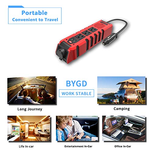 BYGD 150W Car Power Inverter DC 12V to 110V AC Converter with 3 Charger Outlets and Dual 2.4A USB Ports Cigarette Lighter Socket Adapter