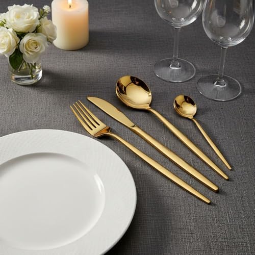Image of 24 Pcs Gold Slim Handle Stainless Steel Cutlery Set for Dining Table with Spoons and Forks Set + Butterknives - The Perfect Tableware /Flatware