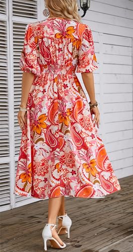 Image of Kormei Women Casual Boho V Neck 3 /4 Sleeve Smocked Waist A Line Swing Midi Long Dress S Orange Pink