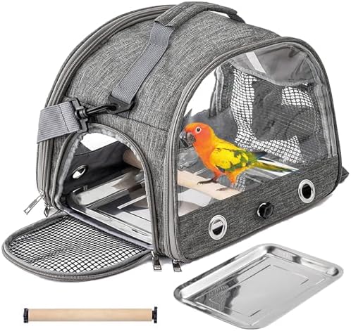 Bolsa Transportadora para Pájaros Mochila de Viaje Plegable con Ventana Transparente, Jaula Portátil y Transpirable con Percha y Bandeja de Acero Inoxidable para Loros, Periquitos y Cacatúas