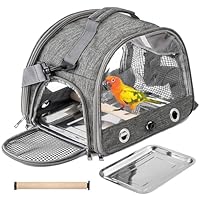 Vogel Transportbox, Tragbare Transportbox Wellensittich, Leichter Atmungsaktiver Vogelkäfig mit Sitzstange und Edelstahl, Tablett, Faltbare Transportbox Vogel für Papageien, Sittiche, Transparent