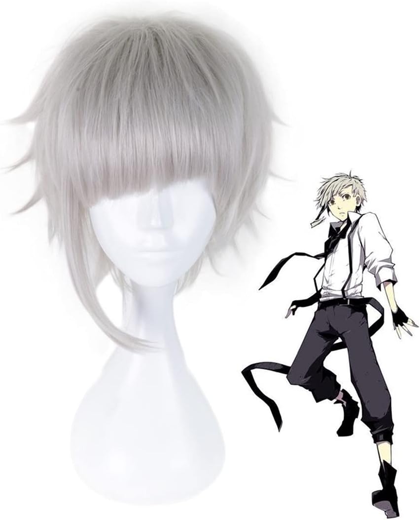 AxBALLAxBALL Apply to Bungo Stray Dogs Nakajima Atsushi Cosplay Silver Gray Short Hair for Holloween Role Play Party + Cap (Color : Nakajima Atsushi)