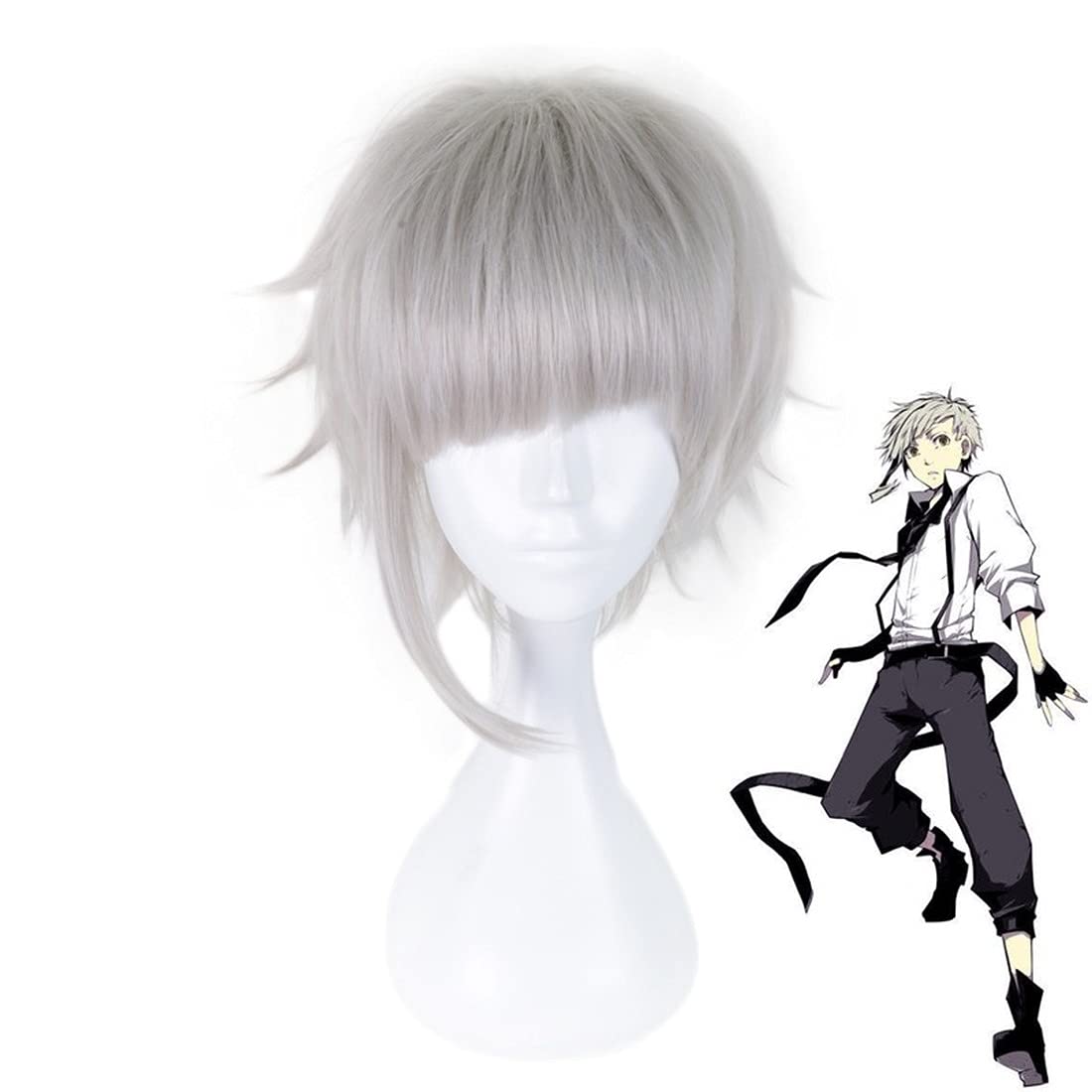AxBALLAxBALL Apply to Bungo Stray Dogs Nakajima Atsushi Cosplay Silver Gray Short Hair for Holloween Role Play Party + Cap (Color : Nakajima Atsushi)