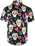 CLOFANWIN Mens Sugar Skull Shirt Day of The Dead Dia De Los Muertos Costume Mexican Button Down Up Shirts, Flower Skull, X-Large