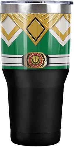 Logovision Power Rangers Green Ranger Belt - Vaso de acero inoxidable de 30 onzas, taza de viaje para café, aislamiento al vacío y doble pared con