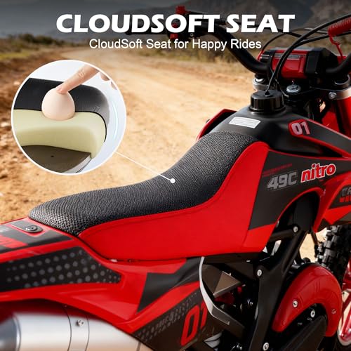 Image of Kids 50cc Dirt Bike,2-Stroke Gas Mini Bike,Red,2026 Upgraded | Kids Dirt Bike for 8-14 with Front Rear Disc Brakes,10In Off-Road Tires,Shock Absorption,Seat Height 23.6in,Max Speed 40mph