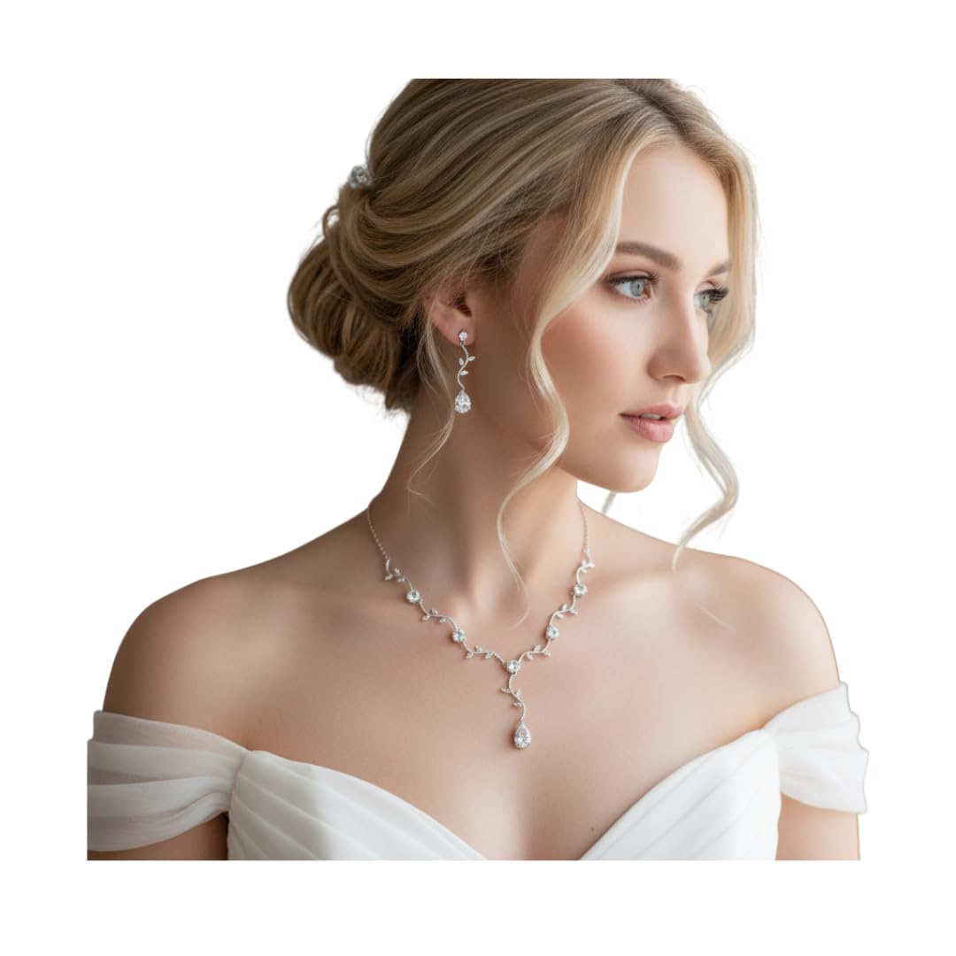 Silber Zirkonia Schmuckset Halskette und Ohrringe Florales Tropfen Design Strass Brautschmuck Collier Armband Hochzeit Kommunion Abiball
