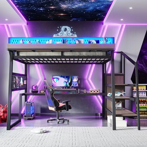 Image of Bellemave Queen Size Gaming Loft Bed with Desk and Wardrobe Storage Stairs,Shelves, LED USB, Loft Bed Queen Size for Teens Metal, Black