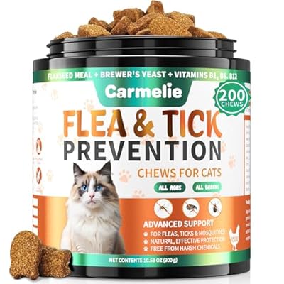 Carmelie Flea and Tick Chews for Cats - 200 Chewables Natural Cats Fleas and Ticks Prevention – Cat Flea Tick Support, Cat Flea Soft Treats for All Breeds & Ages-Chicken Flavor