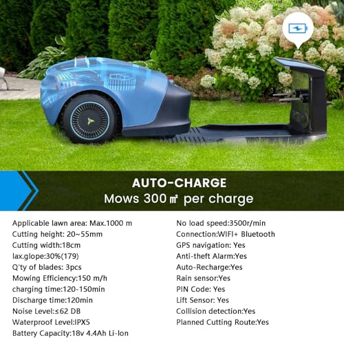 Robot Lawn Mower, Updated 2024 Programming, Self Installation Kit Included, Mows Up to 1/4 Acre, 33% Slope, APP Control, Low Noise (62dB) and Rain Sensor (Battery & Charger Included) - Image 3