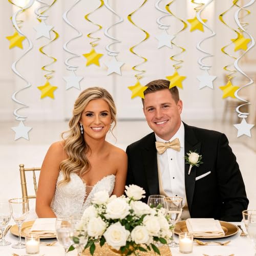 Image of BEISHID Gold and White Stars Hanging Swirls Pre-Strung Stars Hanging Decorations for Wedding Engagement Baby Shower Bridal Shower Graduation Birthday Decorations Supplies,Pack of 15