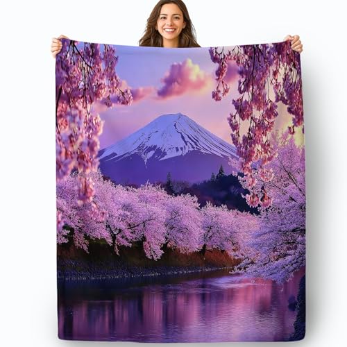 Manta de Franela Polar, Naturaleza Monte Fuji Flor De Cerezo Manta Suave y cálida de Verano e Invierno 127 x 152 cm Manta de sofá para Adultos niños, Rosa