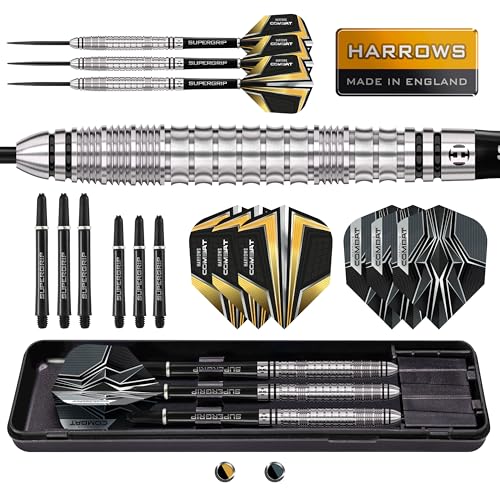 Harrows Combat 90% Tungsten Steel Tip Darts Set I 21g to 30g All Weights Available I Huge 17pcs Bundle with Spare Shafts Prime Flights & Travel Case (25 Grams)