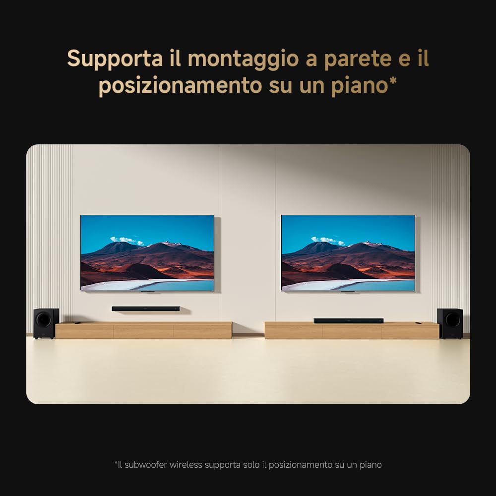 XIAOMI Soundbar Pro 2.1ch, Soundbar TV Max 300W con bassi potenti e subwoofer wireless esterno, supporta Dolby Audio™ e DTS Virtual:X, HDMI ARC/ottico/coassiale/Bluetooth, telecomando