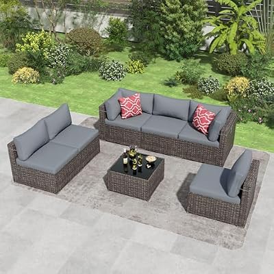 Tradare 7 Pieces Outdoor Patio Furniture Set, Wicker Patio Conversation Sectional Couch Set, All Weather PE Rattan Sofa with Glass Table and Grey Cushions
