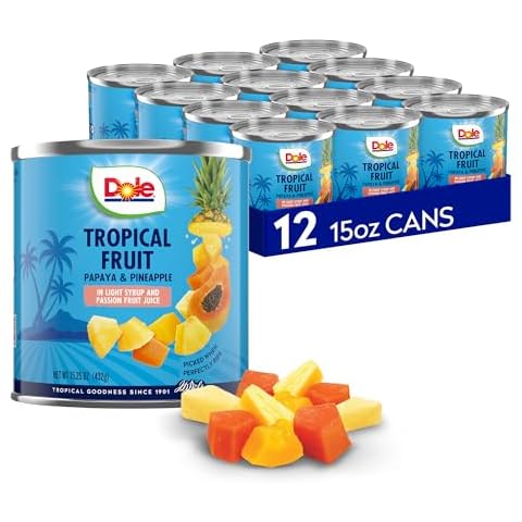 Dole Canned Tropical Fruit in Light Syrup & Passionfruit Juice, Pineapple & Papaya, Gluten Free, Pantry Staples, 15.25 Oz, 12 Count, Packaging May Vary Cover