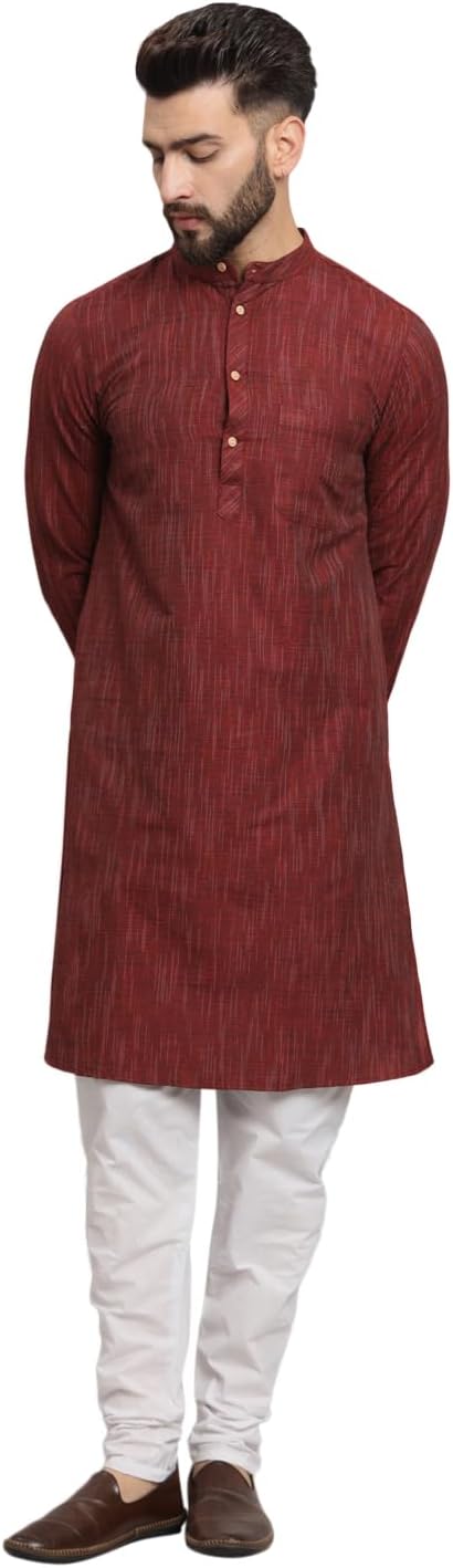 LATEST CHIKANMen's Cotton Regular Textured Long Kurta Full Sleeves - Casual Ethnic Wear