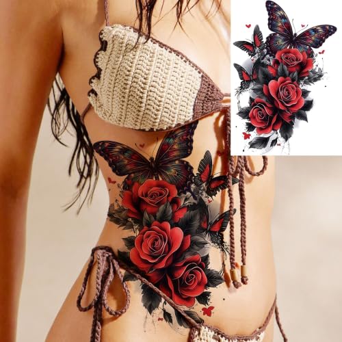 Image of 4 Sheets Large 3D Rose Temporary Tattoos For Women Hips Buttock Thigh Adults Body Art Back Tattoo Sticker, Long Lasting Realistic Waterproof Watercolor Butterfly Flowers Fake Rose Tattoos Shoulder