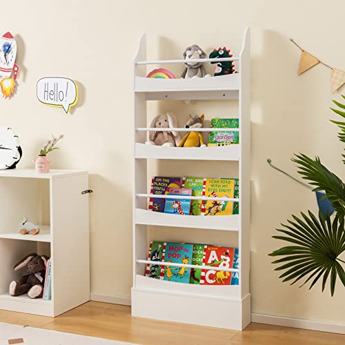 Costzon Kids Bookshelf, 4-Tier Wooden Book Shelf Organizer For Books And Toys, Toddler Space-Saving Wall Bookcase Conner Storage Rack For Bedroom, Living Room, Nursery, Playroom (White) #TOP17