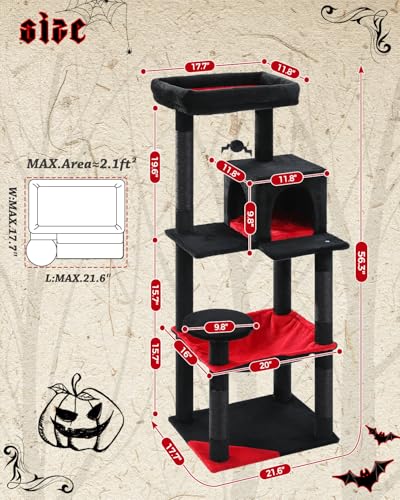 Image of MUTTROS Gothic Cat Tree with Super Large Hammock, 56.3 inch Black Cat Tower with Coffin Bed, Cat Condo, Sisal Scratching Posts & Top Perch, Multi-Level Goth Cat Tree, Halloween, Black