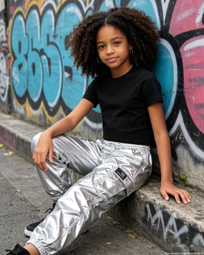 Image of Betusline Girls 2 Piece Summer Outfits,Kids Casual Short Sleeve Crop Top & Cargo Jogger Pants Sets,4T-14Y