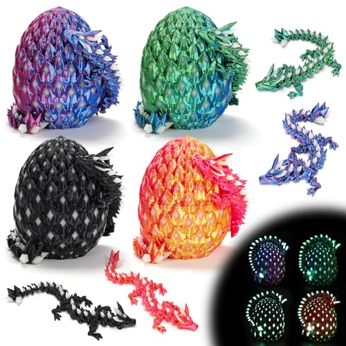 4 Pcs 3D Printed Dragon Glow in The Dark with Eggs, Dinosaur Eggs Fidget Toys for Kids, Birthdays, Christmas, Halloween Decorations Gifts Indoor Outdoor for Girls Boys