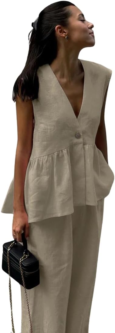 CHARTOU Women's Cotton Pants Sets 2 Piece Outfits V Neck Button Vest Wide Leg Palazzo Casual Work Suits