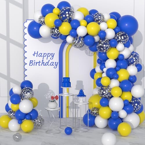 Blue Yellow White Balloon Garland Arch Kit, 116PCS Royal Blue Yellow White Silver Confetti Balloons for Birthday Bridal Baby Shower Wedding Engagement Anniversary Picnic Graduation Party Decorations