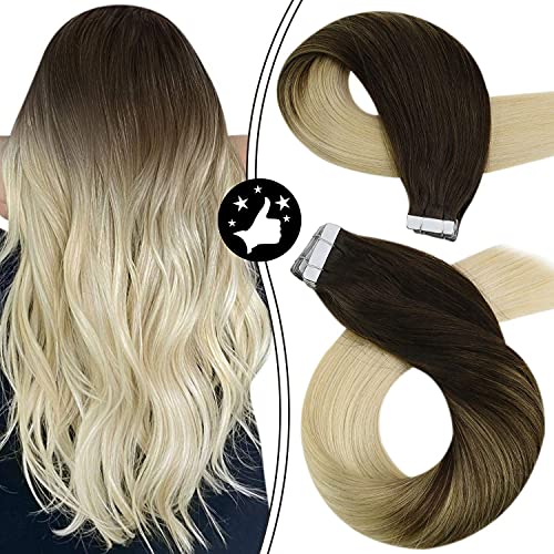 Moresoo Tape Hair Extensions Human Hair Balayage Dark Roots Darkest Brown Fading to #60 Platinum Blonde 18inch Soft Human Hair 20Pieces/50Grams Seamless Ombre Tape in Hair Extensions