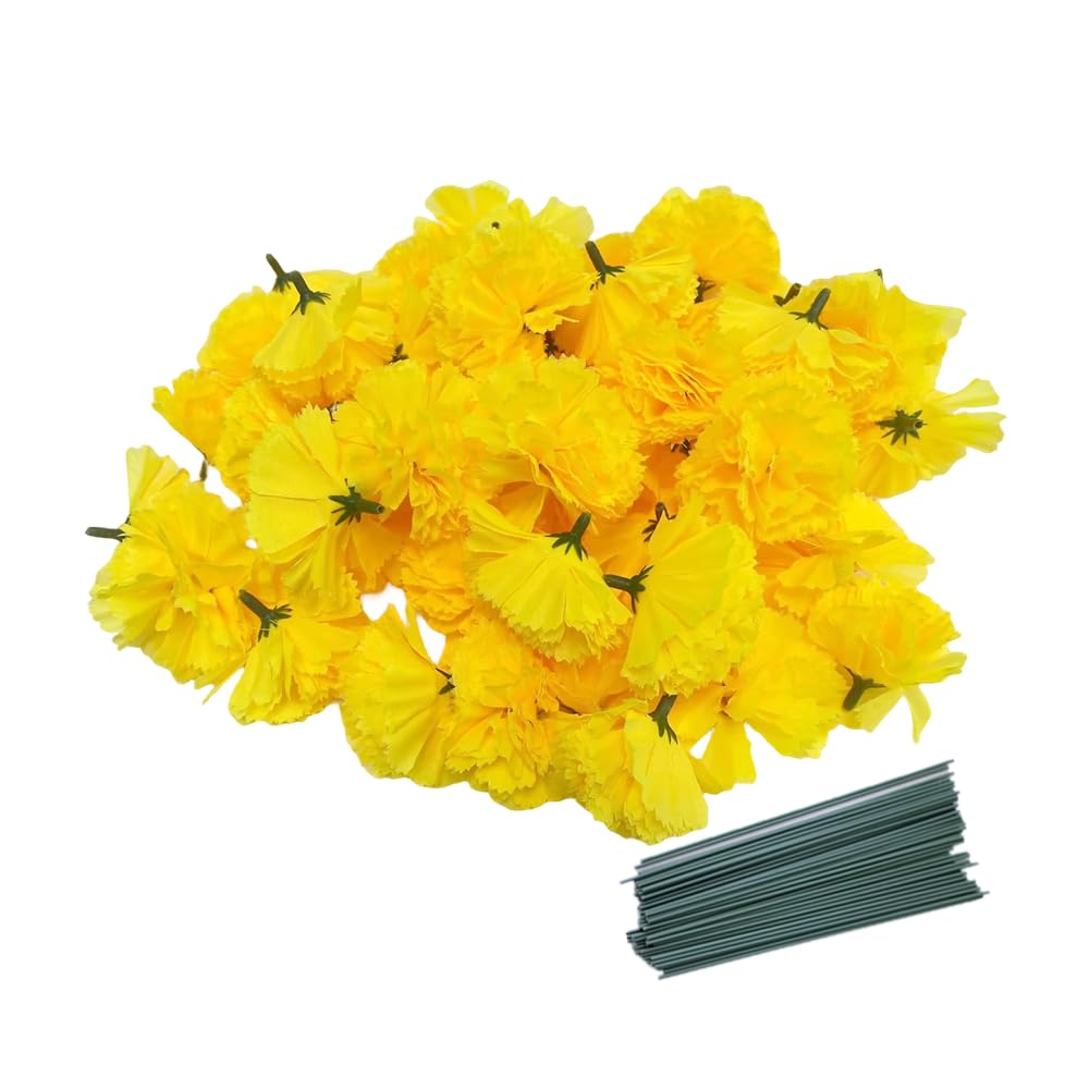 Rikyo Yellow 50 Artificial Silk Carnation Flower Head With Stems Set,Vase Fillers,Marigold Flower Heads For Diwali Decor Day Of The Dead Wreath Garland Cake Ornaments,2" Petals Heads(Yellow)
