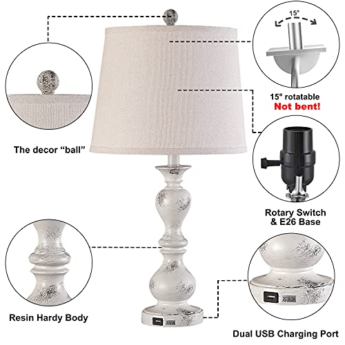 Dungoo Farmhouse Table Lamp Sets Of 2 For Bedroom Living Room Plug In Bedside Nightstand Lamps With 2 Usb Ports, 22In Farmhouse Resin Table Lamp Set For Christmas, 2-Pack (Antique White) #TOP5