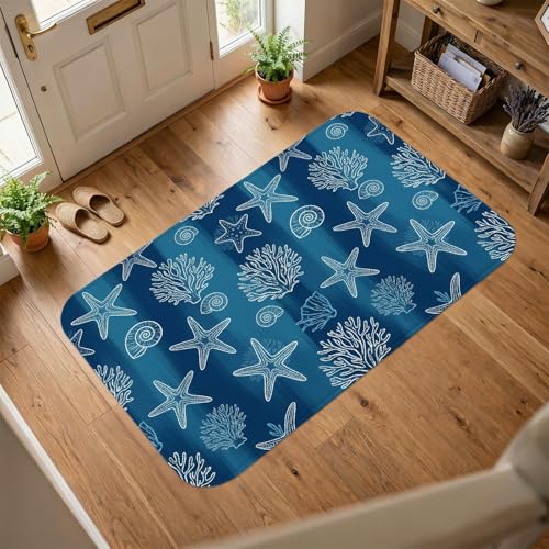 Tapis en forme d'étoile de mer, coquillage de corail nautique côtier, bleu d'été, antidérapant, tapis d'intérieur qui ne perd pas ses poils, salle de...