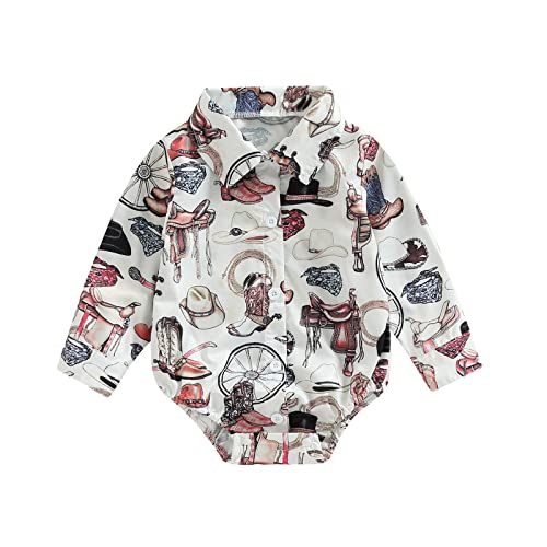 Image of Karuedoo Western Baby Boy Clothes Cow Print Shirt Romper Infant Long Sleeve Button Down Bodysuit Onesie Gentleman Outfit (F White Boots, 0-6 Months)