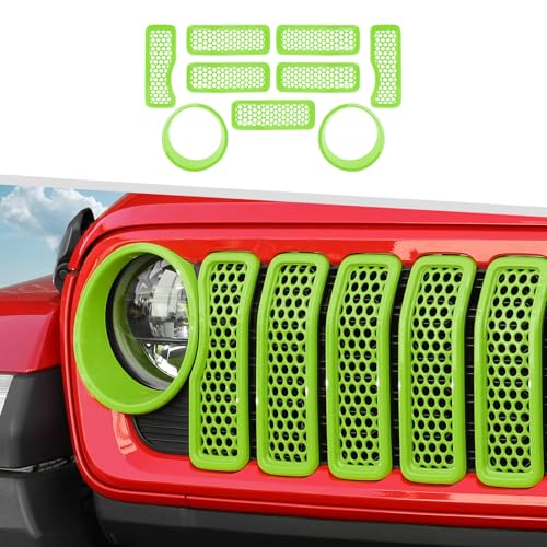 Image of 9PCS Headlight Cover & Front Grill Mesh Inserts Compatible with Jeep Wrangler JL JLU 2024+, NOT FIT JL Sport /Sport S (Green)