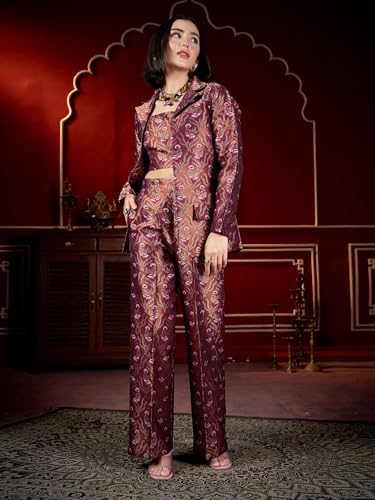 Image of PURVAJA Women's Full Sleeve Crop Top Trouser Printed Co-Ords Set