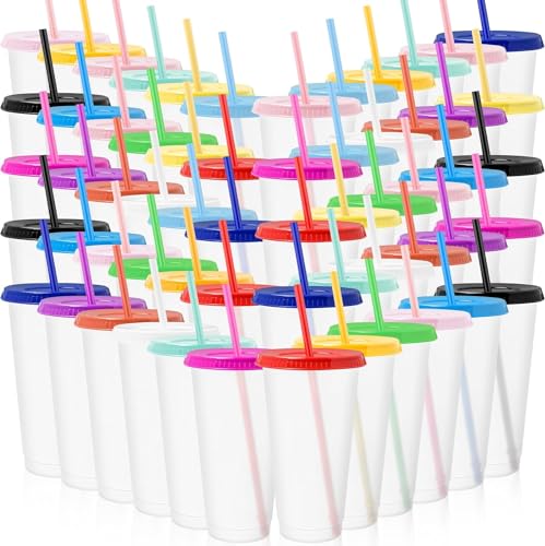 60 vasos con popote y tapa a granel (680.4 g) botella de agua, café helado, taza de viaje, taza de plástico reutilizable para fiestas, cumpleaños