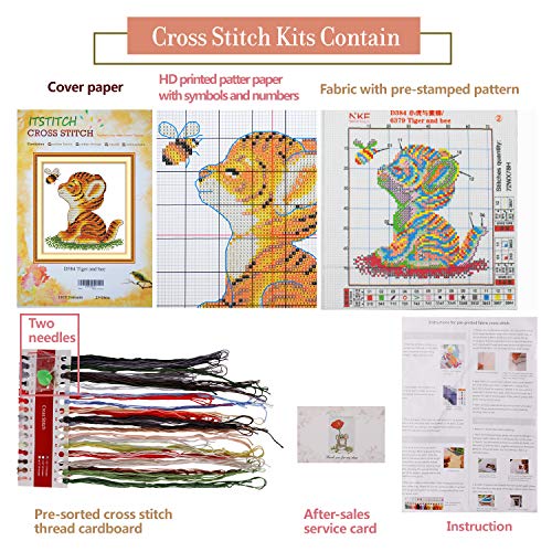 Printed Cross Stitch Kits 11CT 9X9 inch 100% Cotton Holiday Gift DIY Embroidery Starter Kits Easy Patterns Embroidery for Adults Crafts DMC Stamped Cross-Stitch Supplies Needlework Tiger and Bee