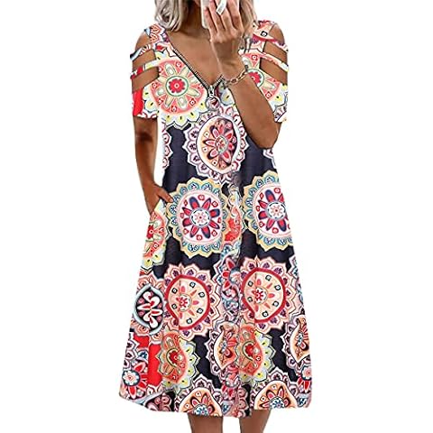 Onsoyours Vestido Verano Rosa con Mangas Cortas y Bolsillos Cover