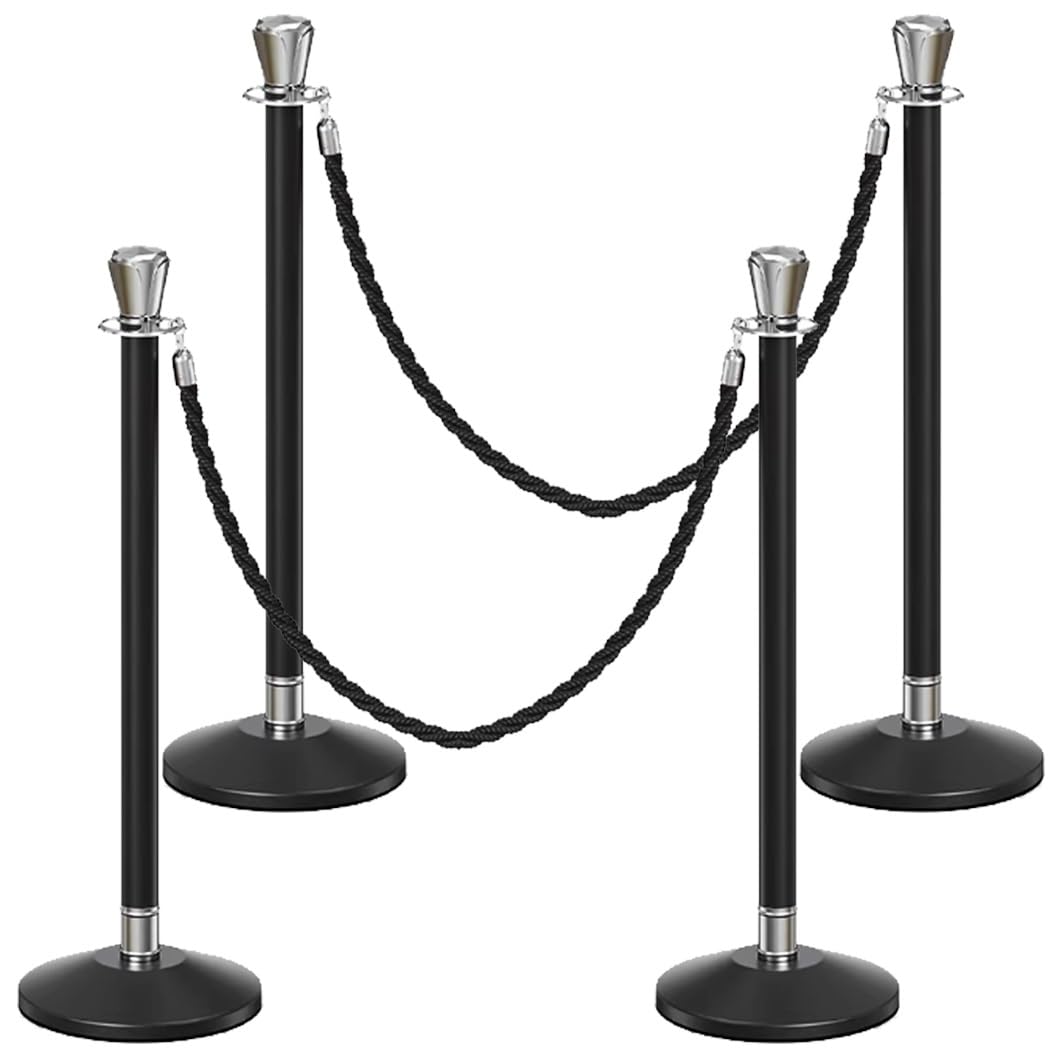 Aioneer 39.3" Stainless Steel Stanchion Post With 4.9 Ft Ropes Durable Queue Barriers For Crowd Control Commercial Use 6 Packblack & Silver-Black Silver-4 Pack