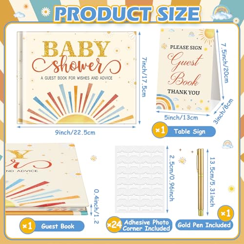 Image of Fuyoooo 27 Pcs Boho Sun Baby Shower Guest Book Baby Shower Sign in Guest Book Reception with Sonogram Page Keepsake Includes Gold Pen Table Card and Adhesive Photo Corner for Birthday