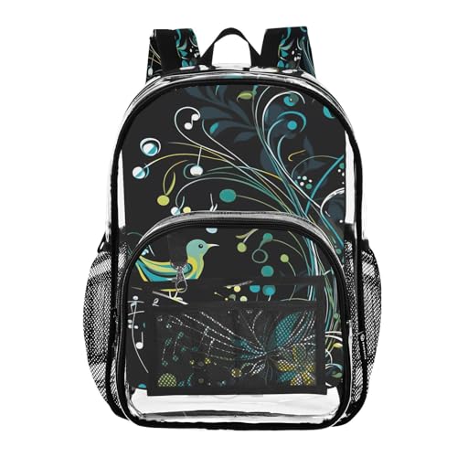 Music Notes Bird Black Clear Backpack Heavy Duty See Through Transparent PVC BookBag for Kids Boy Girl School Work
