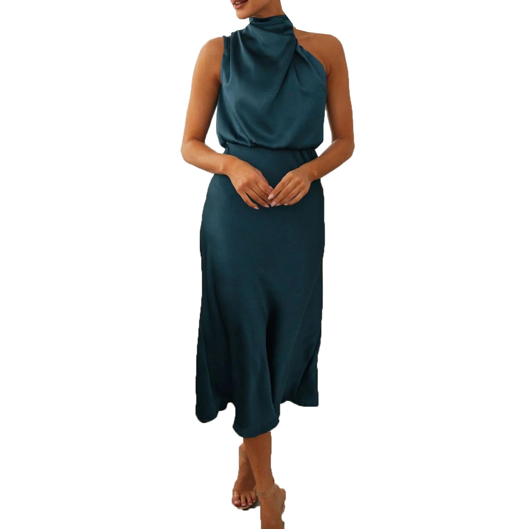 Verano Temperamento Mujeres Sin Mangas Cuello Colgante Color SóLido Cintura Alta Vestidos Casual CóModo