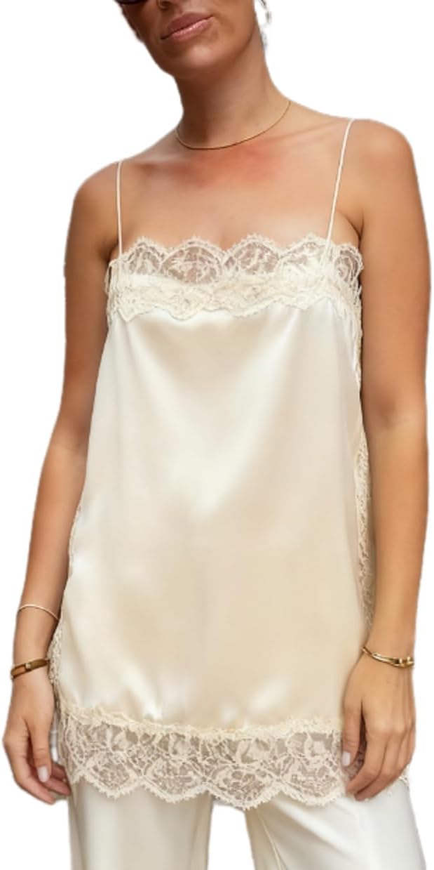 Satin Lace Long Tank Tops for Women Square Neck Silk Camisole Tops Spaghetti Strap Lace Trim Cami Tunic Undershirts