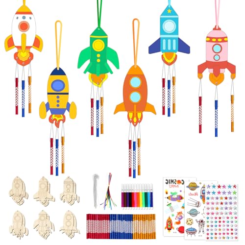 Kaluofan Windspiel Bastelset Kinder,12 STK Raketen Windspiel Basteln,DIY Kindergeburtstag Basteln Holz zum Bemalen,Weltraum Bastelset Kindergeburtstag für Jungen Mädchen Outdoor Party Deko