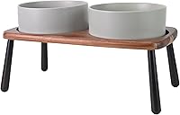 SPUNKYJUNKY 60oz Elevated Ceramic Dog Bowls with Acacia Bamboo Stand - Raised Non-Slip for Medium Large Breeds, Dishwasher Microwave Safe, Grey